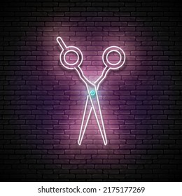 Glow Hairdressing Scissors, Professional Hairstyling Tool. Barbershop, Hairdresser Salon Template. Shiny Neon Light Poster, Flyer, Banner. Brick Wall. Vector 3d Illustration