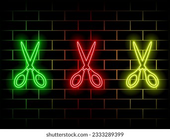 Glow hairdressing scissors, professional hairstyling tool. Barbershop, hairdressing salon template. Bright neon light poster. Wall of bricks. illustration. Green, red, yellow, pink, blue and orange.