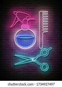 Glow Hairdressing Scrissors, Hairbrush and Sprayer, Professional Hairstyling Tool. Barbershop, Hairdresser Salon Template. Shiny Neon Light Poster, Flyer, Banner. Brick Wall. Vector 3d Illustration