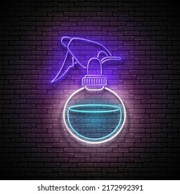 Glow Hairdressing Sprayer, Professional Hairstyling Tool. Barbershop, Hairdresser Salon Template. Shiny Neon Light Poster, Flyer, Banner. Brick Wall. Vector 3d Illustration