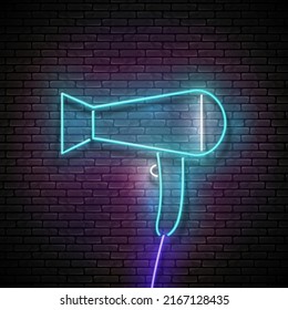Glow Hairdryer, Professional Hairstyling Tool. Barbershop, Hairdresser Salon Template. Shiny Neon Light Poster, Flyer, Banner. Brick Wall. Vector 3d Illustration