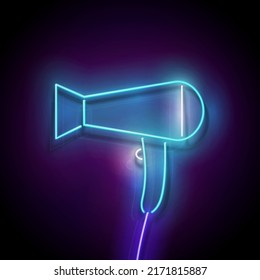 Glow Hairdryer, Professional Hairstyling Tool. Barbershop, Hairdresser Salon Template. Shiny Neon Light Poster, Flyer, Banner. Glossy Background. Vector 3d Illustration