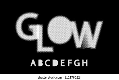 Glow halftone font Alphabet a, b, c, d, e, f, g, h, for your design. Isolated characters. Vector design element for your art. Display pop art typescript, vintage glitch font.