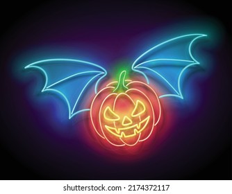 Glow Halloween Greeting Card with Flying Vampire Pumpkin. Postcard Holiday Template. Shiny Neon Light Poster, Banner, Invitation. Glossy Background. Vector 3d Illustration