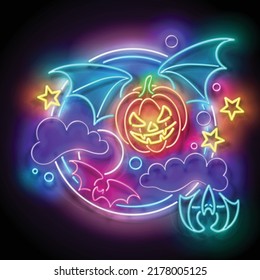 Glow Halloween Greeting Card with Flying Vampire Pumpkin on the Night Sky. Postcard Holiday Template. Shiny Neon Light Poster, Banner, Invitation. Glossy Background. Vector 3d Illustration