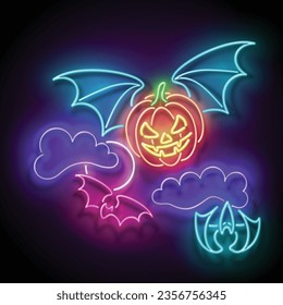 Tarjeta de saludo de Halloween brillante con calabaza de vampiros voladores en el cielo nocturno. Plantilla de vacaciones postales. Afiche Luminoso, Cartel, Invitación. Fondo brillante. Ilustración del vector 3d