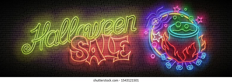 Glow Halloween Greeting Card with Potion in Witch's Cauldron, Spider and Inscription. Neon Lettering. Shiny Template Poster, Banner, Invitation. Brick Wall. Vector 3d Illustration. Clipping Mask