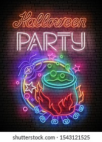 Glow Halloween Greeting Card with Potion in Witch's Cauldron, Spider and Inscription. Neon Lettering. Shiny Template Poster, Banner, Invitation. Brick Wall. Vector 3d Illustration. Clipping Mask