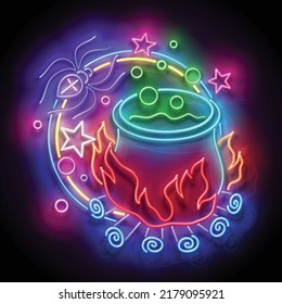 Glow Halloween Greeting Card with Potion in Witch's Cauldron and Spider. Postcard Holiday Template. Shiny Neon Light Poster, Banner, Invitation. Glossy Background. Vector 3d Illustration