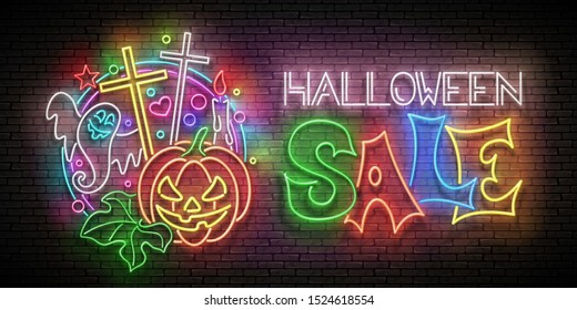 Glow Halloween Greeting Card with Pumpkin, Cross, Candle, Ghrost and Inscription. Neon Lettering. Shiny Template Poster, Banner, Invitation. Brick Wall. Vector 3d Illustration. Clipping Mask, Editable