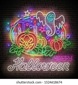 Glow Halloween Greeting Card with Pumpkin, Cross, Candle, Ghrost and Inscription. Neon Lettering. Shiny Template Poster, Banner, Invitation. Brick Wall. Vector 3d Illustration. Clipping Mask, Editable