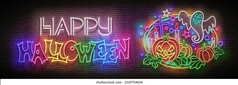 Glow Halloween Greeting Card with Pumpkin, Cross, Candle, Ghrost and Inscription. Neon Lettering. Shiny Template Poster, Banner, Invitation. Brick Wall. Vector 3d Illustration. Clipping Mask, Editable