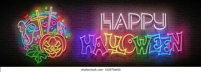 Glow Halloween Greeting Card with Pumpkin, Cross, Candle, Ghrost and Inscription. Neon Lettering. Shiny Template Poster, Banner, Invitation. Brick Wall. Vector 3d Illustration. Clipping Mask, Editable