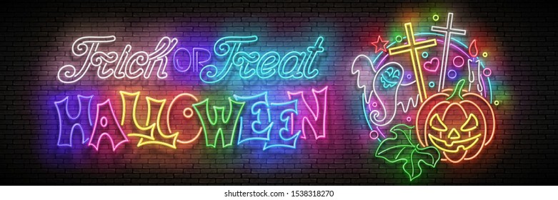 Glow Halloween Greeting Card with Pumpkin, Cross, Candle, Ghrost and Inscription. Neon Lettering. Shiny Template Poster, Banner, Invitation. Brick Wall. Vector 3d Illustration. Clipping Mask, Editable