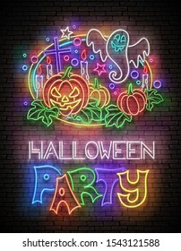Glow Halloween Greeting Card with Pumpkin, Cross, Candle, Ghrost and Inscription. Neon Lettering. Shiny Template Poster, Banner, Invitation. Brick Wall. Vector 3d Illustration. Clipping Mask, Editable