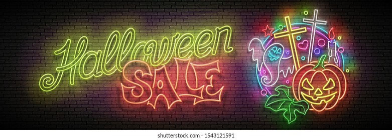 Glow Halloween Greeting Card with Pumpkin, Cross, Candle, Ghrost and Inscription. Neon Lettering. Shiny Template Poster, Banner, Invitation. Brick Wall. Vector 3d Illustration. Clipping Mask, Editable