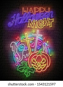 Glow Halloween Greeting Card with Pumpkin, Cross, Candle, Ghrost and Inscription. Neon Lettering. Shiny Template Poster, Banner, Invitation. Brick Wall. Vector 3d Illustration. Clipping Mask, Editable