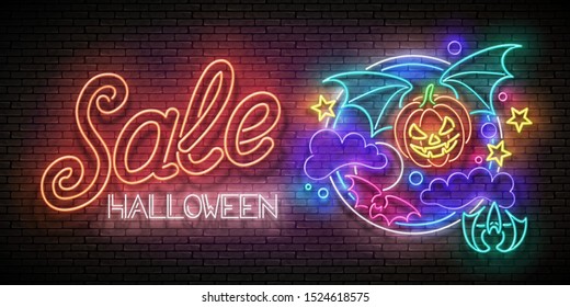 Glow Halloween Greeting Card with Vampire Pumpkin on the Night Sky and Inscription. Neon Lettering. Shiny Template Poster, Banner, Invitation. Brick Wall. Vector 3d Illustration. Clipping Mask