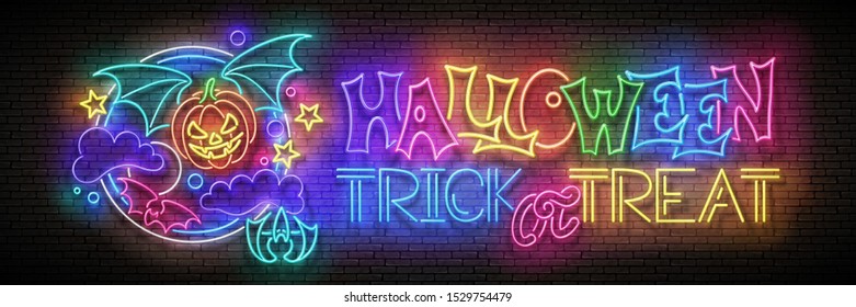 Glow Halloween Greeting Card with Vampire Pumpkin on the Night Sky and Inscription. Neon Lettering. Shiny Template Poster, Banner, Invitation. Brick Wall. Vector 3d Illustration. Clipping Mask