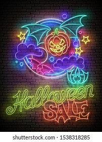 Glow Halloween Greeting Card with Vampire Pumpkin on the Night Sky and Inscription. Neon Lettering. Shiny Template Poster, Banner, Invitation. Brick Wall. Vector 3d Illustration. Clipping Mask