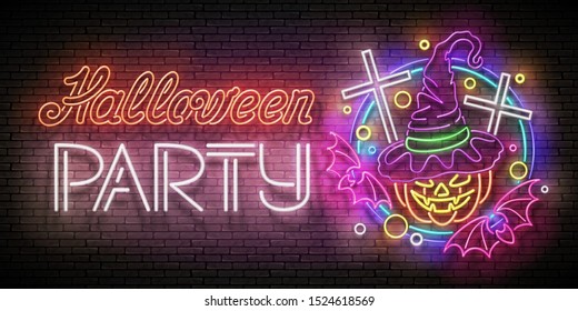 Glow Halloween Greeting Card with Witch Pumpkin, Crosses, Bats and Inscription. Neon Lettering. Shiny Template Poster, Banner, Invitation. Brick Wall. Vector 3d Illustration. Clipping Mask, Editable