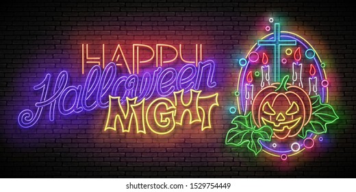 Glow Halloween Greeting Card with Witch Pumpkin, Cross, Candles and Inscription. Neon Lettering. Shiny Template Poster, Banner, Invitation. Brick Wall. Vector 3d Illustration. Clipping Mask, Editable