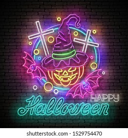 Glow Halloween Greeting Card with Witch Pumpkin, Crosses, Bats and Inscription. Neon Lettering. Shiny Template Poster, Banner, Invitation. Brick Wall. Vector 3d Illustration. Clipping Mask, Editable