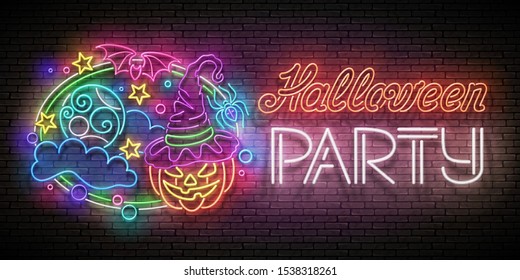 Glow Halloween Greeting Card with Witch Pumpkin, Bat, Moon on the Night Sky and Inscription. Neon Lettering. Template Poster, Banner, Invitation. Brick Wall. Vector 3d Illustration. Clipping Mask