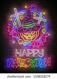Glow Halloween Greeting Card with Witch Pumpkin, Crosses, Bats and Inscription. Neon Lettering. Shiny Template Poster, Banner, Invitation. Brick Wall. Vector 3d Illustration. Clipping Mask, Editable