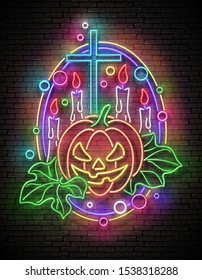 Glow Halloween Greeting Card with Witch Pumpkin, Crosses and Candles. Postcard Holiday Template. Shiny Neon Light Poster, Banner, Invitation. Brick Wall. Vector 3d Illustration. Clipping Mask