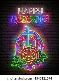 Glow Halloween Greeting Card with Witch Pumpkin, Cross, Candles and Inscription. Neon Lettering. Shiny Template Poster, Banner, Invitation. Brick Wall. Vector 3d Illustration. Clipping Mask, Editable