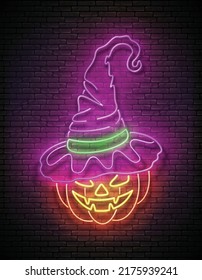 Glow Halloween Greeting Card with Witch Pumpkin in the Hat. Postcard Holiday Template. Shiny Neon Light Poster, Banner, Invitation. Brick Wall. Vector 3d Illustration