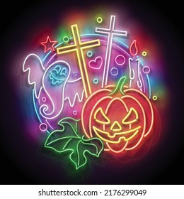 Glow Halloween Greeting Card with Witch Pumpkin, Crosses, Candles and Ghost. Postcard Holiday Template. Shiny Neon Light Poster, Banner, Invitation. Glossy Background. Vector 3d Illustration