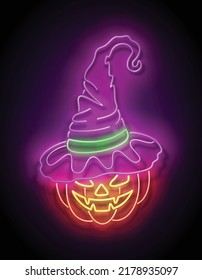 Glow Halloween Greeting Card with Witch Pumpkin in the Hat. Postcard Holiday Template. Shiny Neon Light Poster, Banner, Invitation. Glossy Background. Vector 3d Illustration