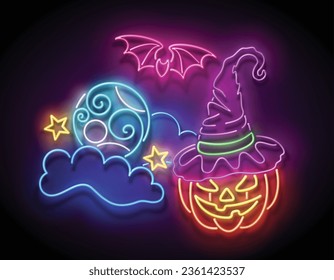 Glow Halloween Greeting Card with Witch Pumpkin, Bat, Spider, Moon on the Night Sky. Postcard Holiday Template. Shiny Neon Poster, Banner, Invitation. Glossy Background. Vector 3d Illustration