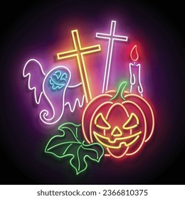 Glow Halloween Greeting Card with Witch Pumpkin, Crosses, Candles and Ghost. Postcard Holiday Template. Shiny Neon Light Poster, Banner, Invitation. Glossy Background. Vector 3d Illustration