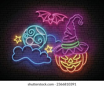 Glow Halloween Greeting Card with Witch Pumpkin, Bat, Spider, Moon on the Night Sky. Postcard Holiday Template. Shiny Neon Poster, Banner, Invitation. Brick Wall. Vector 3d Illustration