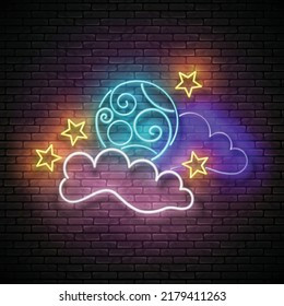 Soplar el cielo nocturno de Halloween con luna llena y estrellas. Plantilla de vacaciones postales. Afiche brillante de neón, pancarta, invitación. Muro de ladrillo. Ilustración del vector 3d