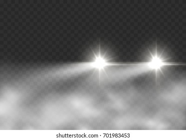 Glow Headlight Effect In Fog Isolated On Transparent Background. Realistic White Glow Round Car Headlights In Smoke. Vector Bright Transport Lights With Mist For Your Design.