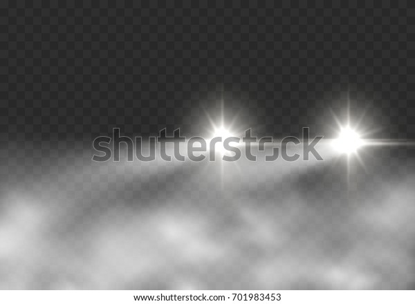 Glow\
headlight effect in fog isolated on transparent background.\
Realistic white glow round car headlights in smoke. Vector bright\
transport lights with mist for your\
design.