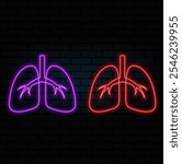 Glow Healthy Lungs, Human Respiratory System. Template for Pulmonary Clinic, Fluorography and Organ Screening. Shiny Neon Light Poster, Flyer, Banner. Glossy Background. Vector 3d Illustration.