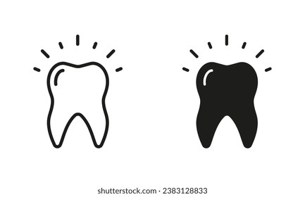 Juego de Silhouette y Iconos de Línea Saludables. Pictograma de blanqueamiento de dientes médicos. Higiene dental, Diente brillante. Colección de símbolos negros de tratamiento dental. Ilustración de vectores aislados.