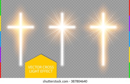 Glow holy cross with ray set for design. Shining white christian symbol of the crucifix. Transparent bright golden light effect easter Jesus risen collection