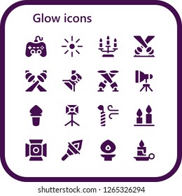  glow icon set. 16 filled glow icons. Simple modern icons about  - Play, Brightness, Candle, Spotlight, Light, Torch, Candles
