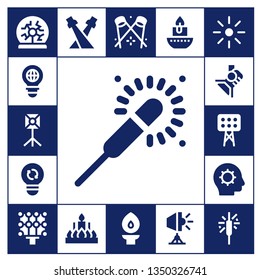 glow icon set. 17 filled glow icons.  Collection Of - Plasma ball, Bulb, Spotlight, Sparkler, Light, Lights, Inspiration, Candle, Torch, Brightness