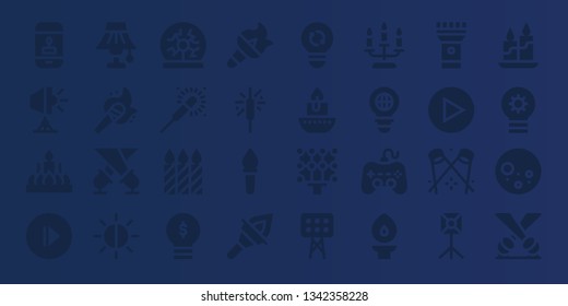 glow icon set. 32 filled glow icons. on blue background style Simple modern icons about  - Candle, Spotlight, Play, Light, Torch, Brightness, Plasma ball, Sparkler, Candles, Lightbulb