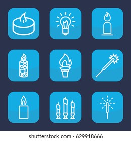 Glow icon. set of 9 outline glow icons such as candle, sparklers, sparkler, light bulb