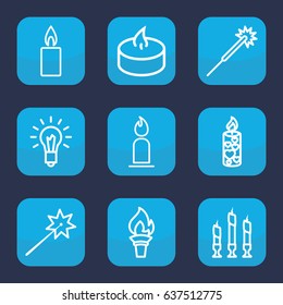 Glow icon. set of 9 outline glow icons such as candle, sparklers, light bulb