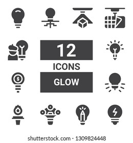 glow icon set. Collection of 12 filled glow icons included Bulb, Idea, d, Torch, Inspiration