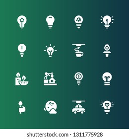 Glow Icon Set. Collection Of 16 Filled Glow Icons Included Idea, D, Full Moon, Torch, Lightbulb, Candles, Bulb